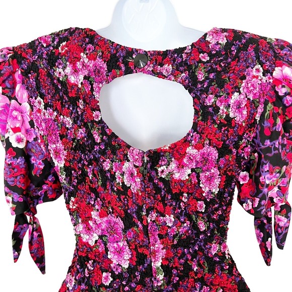 PANTAGIS Vtg 80s Drop Waist Floral Long Dress Rayon Big Shoulder Cutout Stretch - Picture 7 of 15